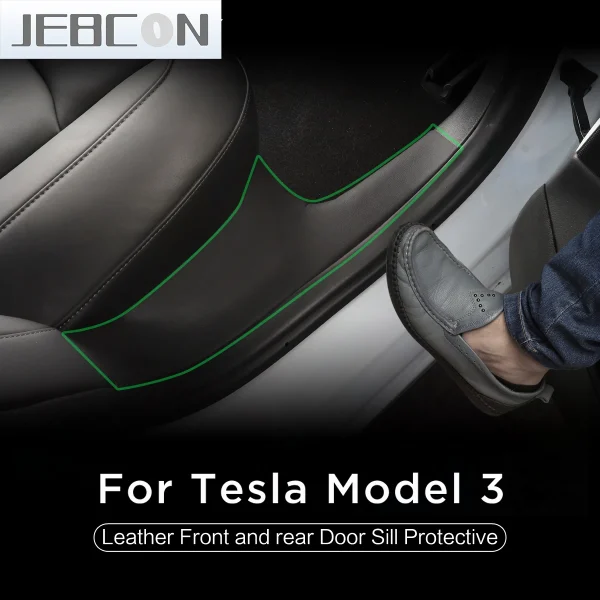 Tesla Model 3 Anti-Kick Door Sill Protector Black Leather Carbon Fiber Texture Set